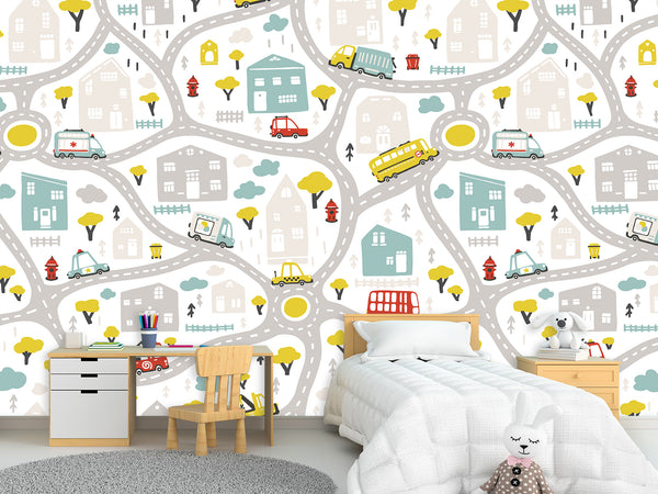 3D Non-Woven Photo Wallpaper "Children's Wall Road" – Fun Wall Mural for Kids’ Room or Study Area
