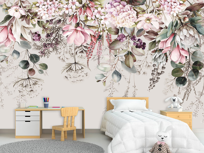 Floral Print Non-Woven Wallpaper – "Delicate Pink and White Flowers", Stylish Wall Mural for Home Interior