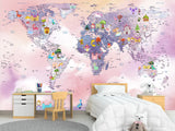 Self-Adhesive Kids Wallpaper World Map In Purple And Pink Mural – Art Decor For Magical Kids' Room
