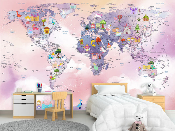 Self-Adhesive Kids Wallpaper World Map In Purple And Pink Mural – Art Decor For Magical Kids' Room