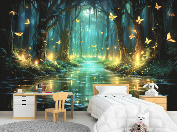 Non-Woven Magical Forest Wall Mural Peel & Stick Kids Room Wallpaper