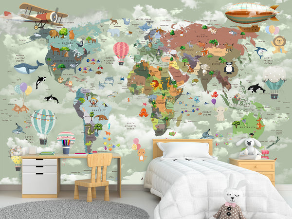 Decor for Kids room, Vinyl Wallpaper Peel and Stick with the pattern “Kids map of the world”