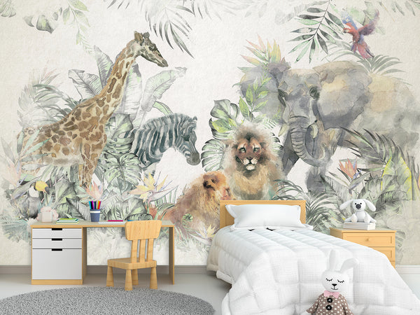 Peel and Stick Vinyl Wallpaper Kids Wall Mural – African Safari Animals Full Wall Mural Print