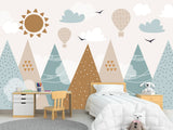 Self-Adhesive Wallpaper In Soft Colors For Kids Room "Balloon Flight Over The Mountains" Design For Playroom
