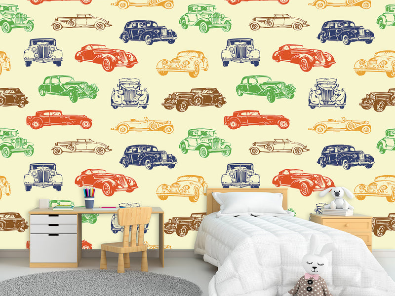 Non-Woven Photo Wallpaper Multicolored Vintage Cars – Colorful Accent for Office or Living Space