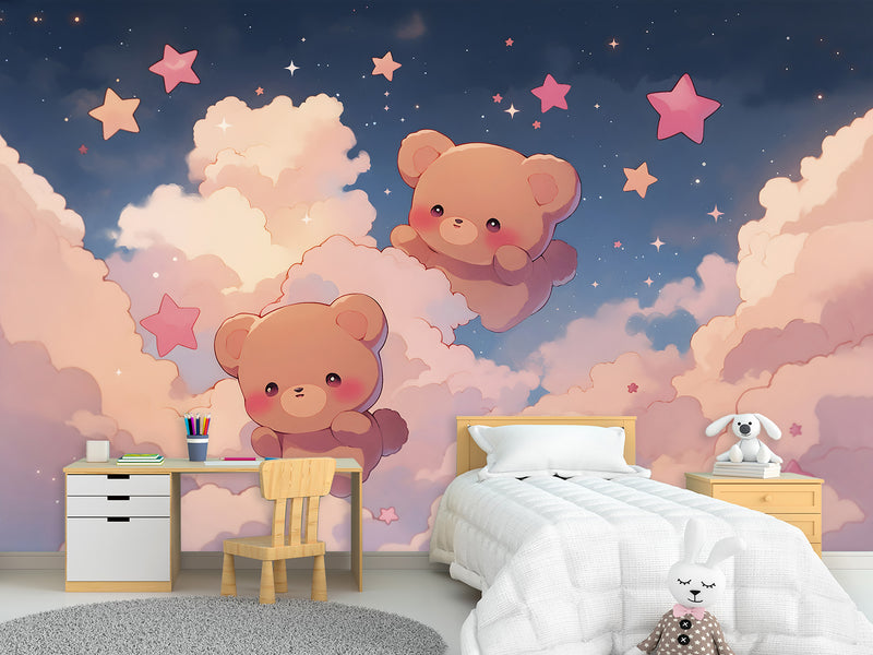 Cartoon Background Peel and Stick Mural For Kids Room Or Nursery "Cute Teddy Bears Among Stars On Clouds"