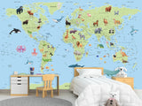 Self-Adhesive Kids' Wall Mural Full Size – Green World Map Design on Sky Blue Background