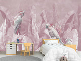 Tropical Pastel Botanical Print Peel and Stick Mural “Parrots in Palm Leaves” – Perfect for Decorating Bedrooms and Living Rooms