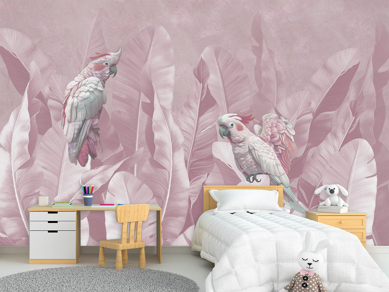 Tropical Pastel Botanical Print Peel and Stick Mural “Parrots in Palm Leaves” – Perfect for Decorating Bedrooms and Living Rooms