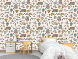 Modern Non-Woven Wallpaper — Educational School Wallpaper for Kids "Backpacks, Globes, and Books Print"