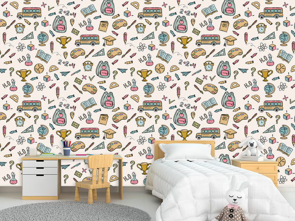Modern Non-Woven Wallpaper — Educational School Wallpaper for Kids "Backpacks, Globes, and Books Print"