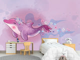 Peel and Stick Vinyl Wallpaper "Purple Dolphin For Kids" Mural Design For Playroom, Idea For A Magical Kids Room