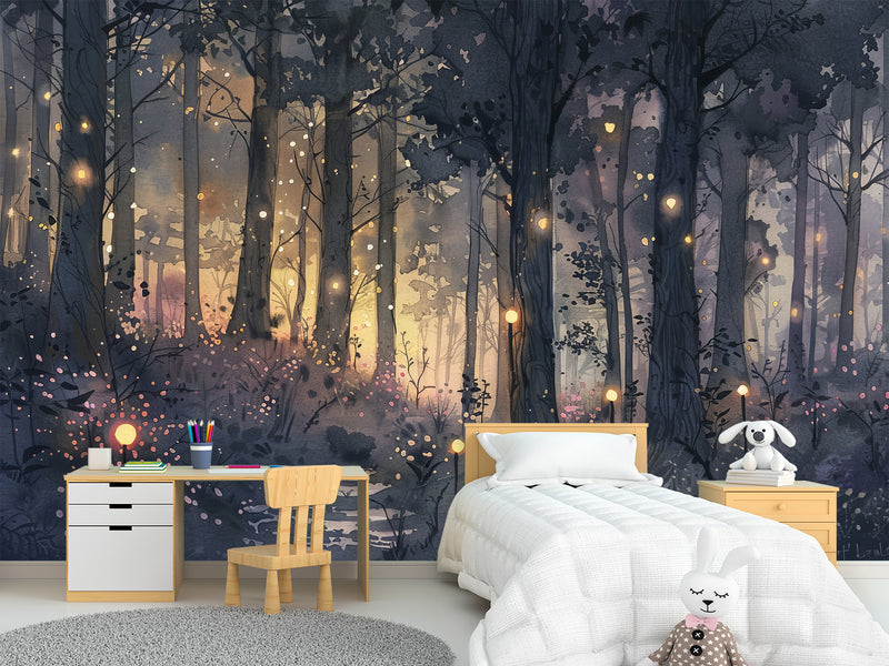 ✨Fairy Tale Print In Artistic Style Peel adn Stick Wall Mural For Kids Room, Creating A Cartoon Atmosphere "Magic Forest In Radiance"🌲