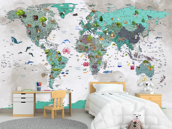Non-Woven Wallpaper Full Wall Mural Kids World Map Wallpaper – Educational & Colorful Wall Decor