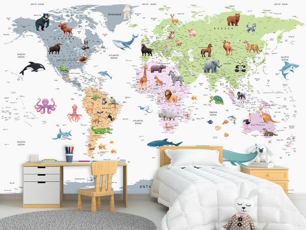 Self-Adhesive Full Wall Kids' World Map Wallpaper – Soft Colors for Kids' Room & Playroom