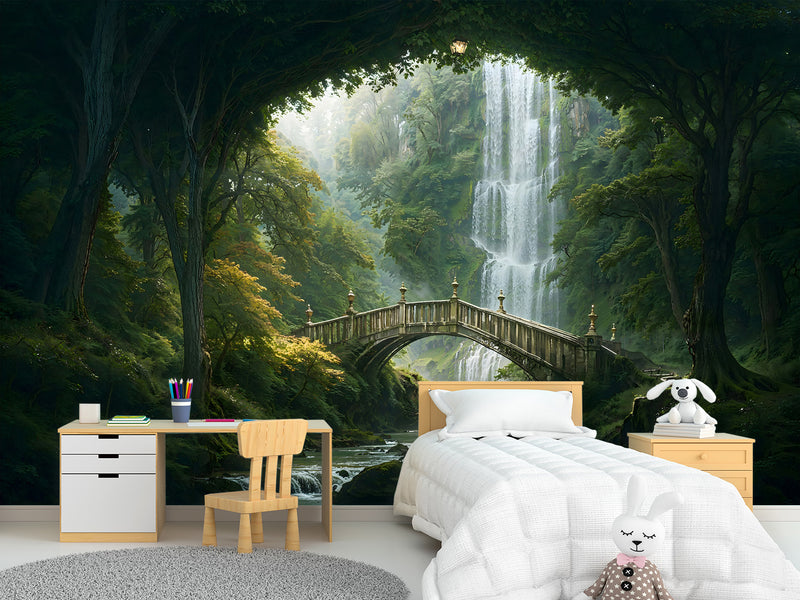 Kids’ wallpaper, creative design Peel and Stick mural for children’s room, art print "Elven Forest with Bridge" 🌿🧚