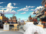 Modern Self-Adhesive Wallpaper – "Anime-Style City" Art Design for Bedroom or Living Room