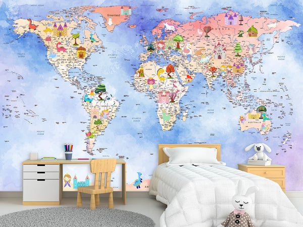 Peel and Stick Vinyl Wallpaper Magical World Map Mural for Kids – Interactive & Educational