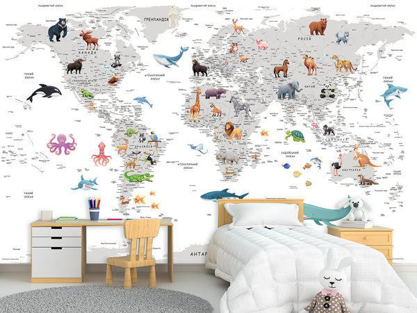 Decor for Kids room, Peel and Stick vinyl interactive World Map Wallpaper – Educational Design for Kids' Room