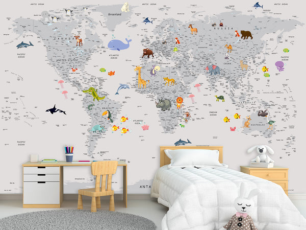 Peel and Stick Vinyl Wallpaper Minimalist Kids' World Map Mural in Grey – Wall Mural for Children’s Room