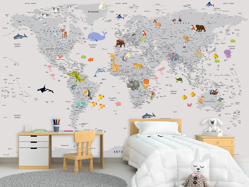 Peel and Stick Vinyl Wallpaper Minimalist Kids' World Map Mural in Grey – Wall Mural for Children’s Room