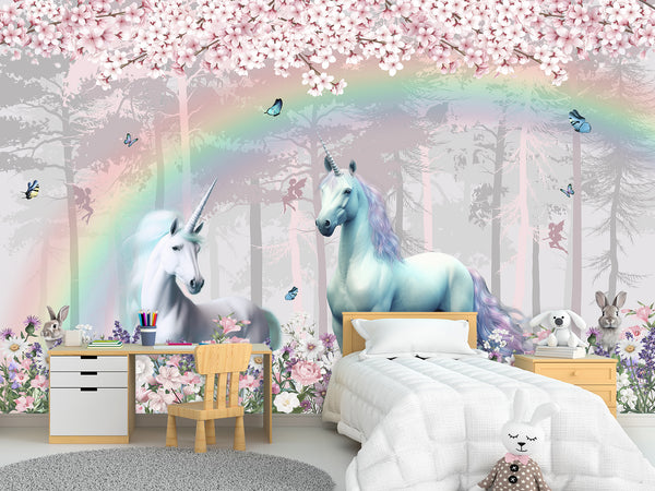 Peel & Stick Vinyl Wallpaper Kids' Room Print – "Unicorns in an Enchanted Forest"