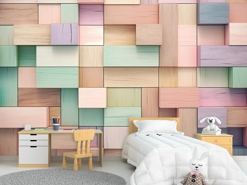 Calm Tone Wallpapers – Non-Woven Wall Murals, 3D Abstract Wallpaper "Colorful Wooden Cubes", Decor for Bedroom, Living Room, Kids' Room