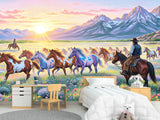 Wild West Art — Non-Woven Mural, Cowboys Watching a Herd of Horses, Wall Print for Office or Living Room