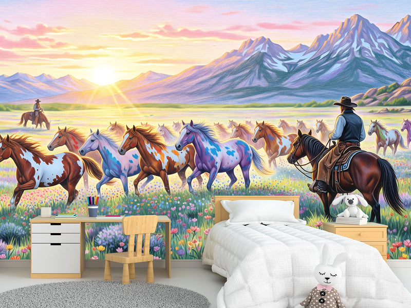 Wild West Art — Non-Woven Mural, Cowboys Watching a Herd of Horses, Wall Print for Office or Living Room
