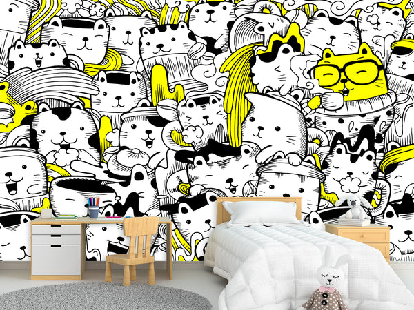 Peel & Stick Wall Mural for Office or Bedroom, Kids Room  – 'Busy Cats' Unique Wall Print