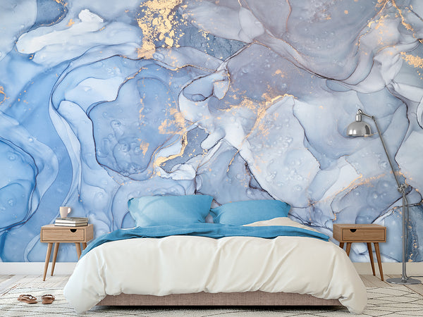 Peel and Stick Wallpaper Design For Lounge Area Or Home Office Mural “Gold And Blue Abstract Swirls”