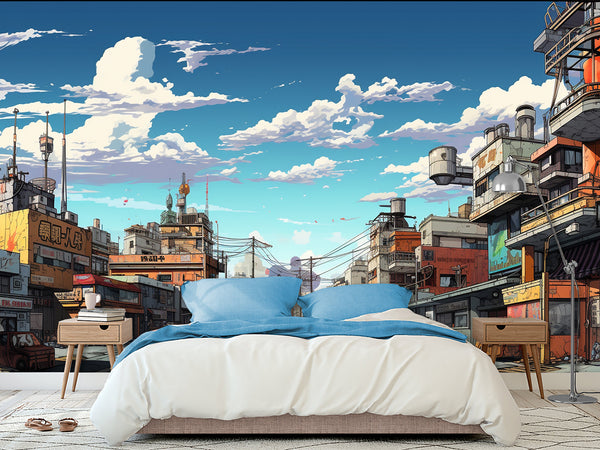Modern Self-Adhesive Wallpaper – "Anime-Style City" Art Design for Bedroom or Living Room