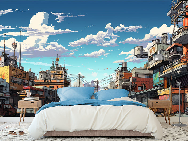 Modern Self-Adhesive Wallpaper – "Anime-Style City" Art Design for Bedroom or Living Room