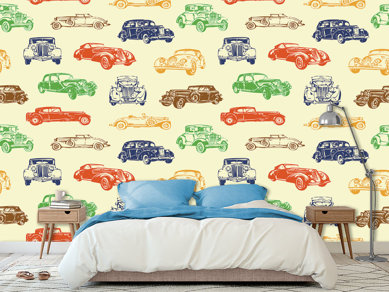 Non-Woven Photo Wallpaper Multicolored Vintage Cars – Colorful Accent for Office or Living Space