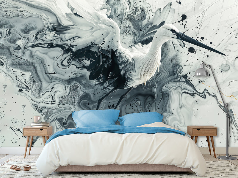 Full-Wall Peel and Stick Wallpaper – Art Print "Dance of the Stork in Abstraction" Mural for Office, Study, or Living Room