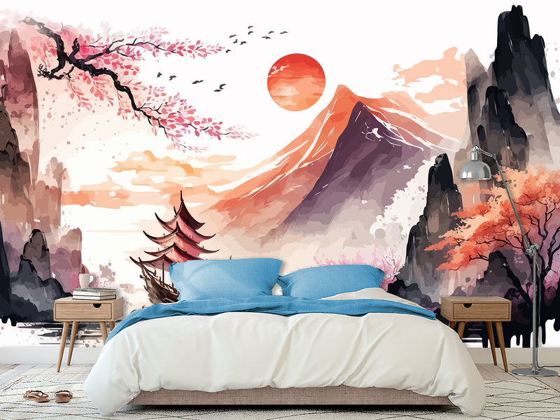 Non-Woven Wall Mural Art Print "Chinese Painting Style", Photo Wallpaper for Decorating Bedroom, Living Room 🖌️🌸
