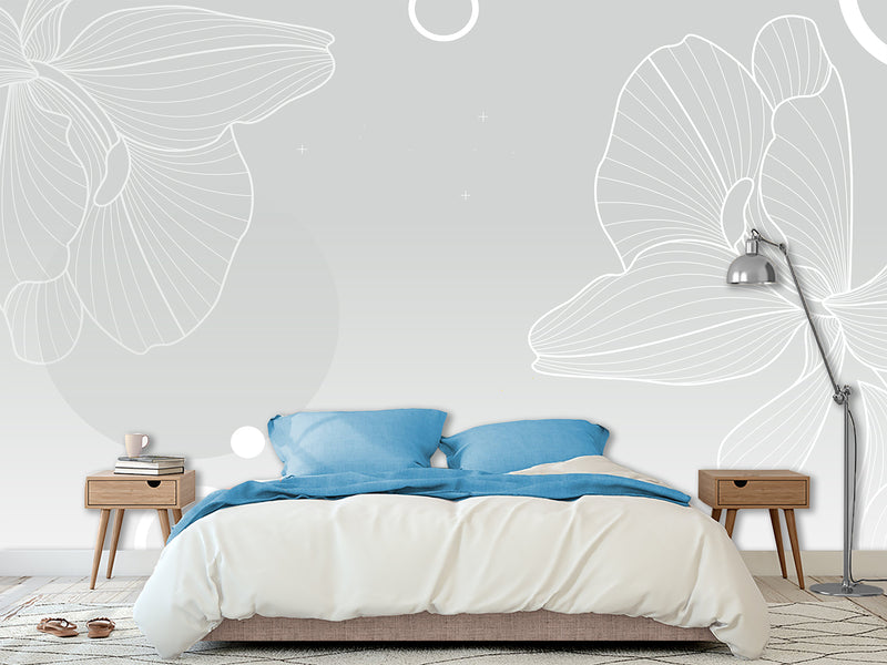 Modern Minimalist Style Non-Woven Wallpaper – "Flower Outline on Gray Background", Perfect for Bedroom or Living Room Desing