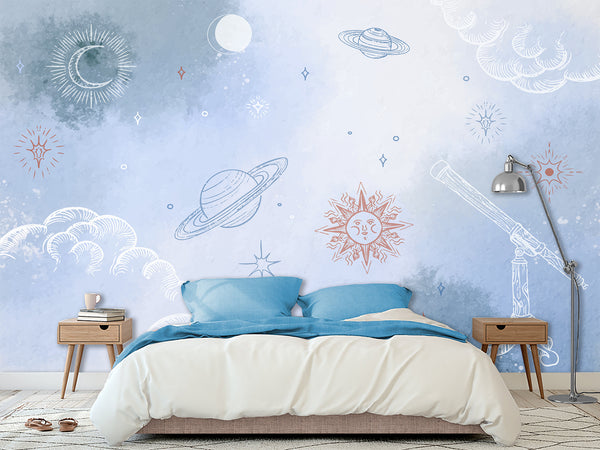 Self-Adhesive Wallpaper Made from Eco-Friendly Materials for Bedroom, Living Room, and Kids' Room “Planets, Moon, and Sun in the Clouds”