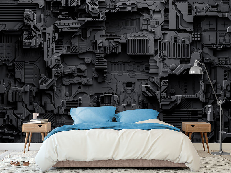 Peel and Stick Vinyl Wallpaper Technological Plating Spaceship Robot Abstract Graphics Style for Gym & Living Room