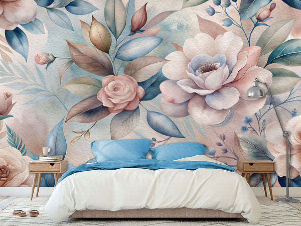 Vintage Soft Floral Print – Non-woven Photo Wallpaper for Living Room or Lounge Area, Wall Art Mural– "Watercolor Peonies and Roses "