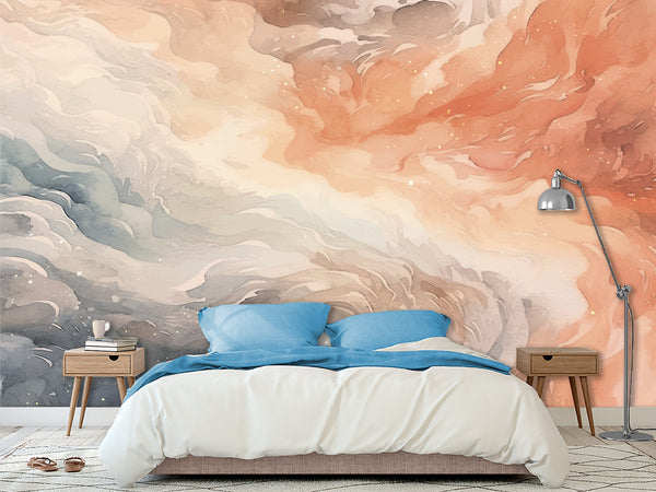 Print Abstraction On Wall Vinyl Wallpaper Peel and Stick For Bedroom Living Room "Pink Blue Waves"