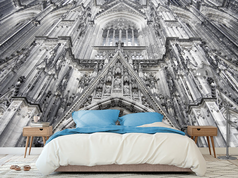 Architectural Print Self-Adhesive Wallpaper Mural – Full Wall Decor for Living Room or Bedroom, "Upward View of a Temple Building"