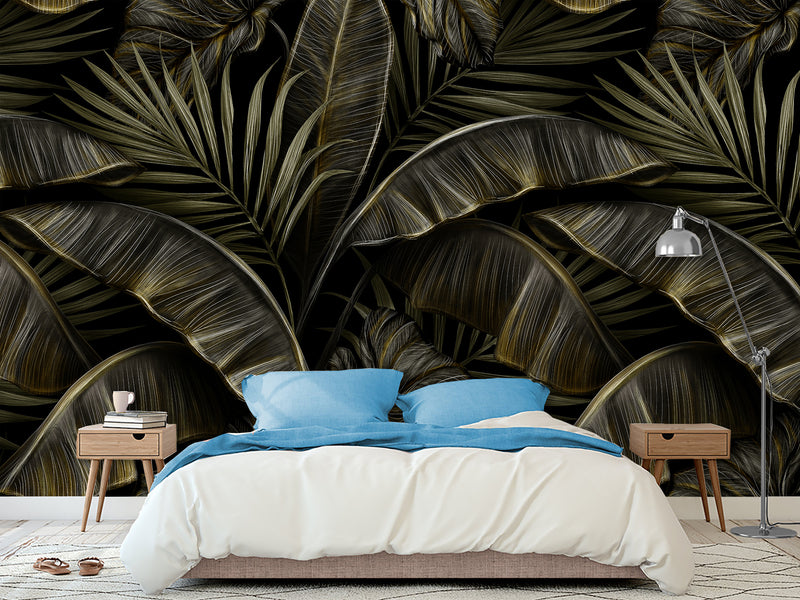 Floral Full-Wall Print Non-Woven Photo Wallpaper Tropical Design For Office Or Bedroom "Banana Leaves"