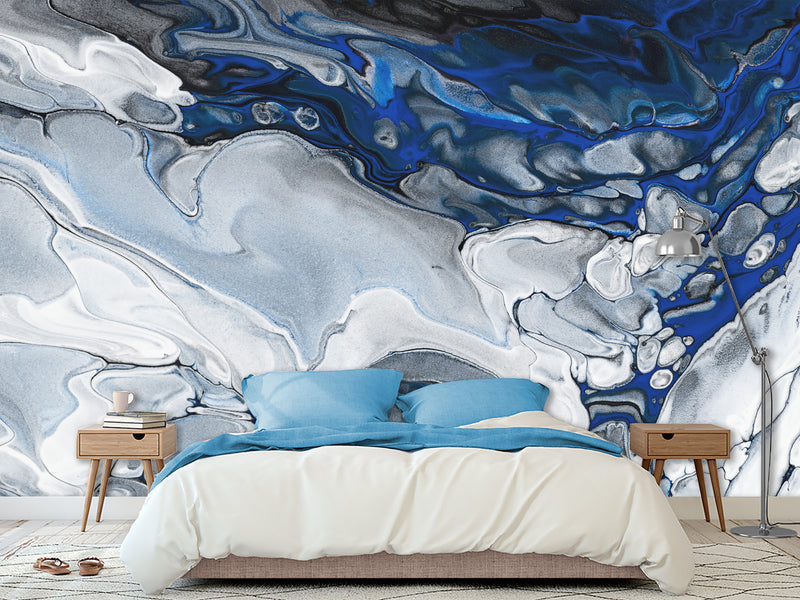 Art Print Design Non-Woven Wallpaper For Living Room, Relax Zone, Bedroom Abstraction "Blue Marble Waves"