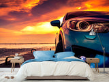 Non-Woven Photo Wallpaper Design For Gym, Living Room, Lounge Area "SUV On The Pier Lit By Sunset"