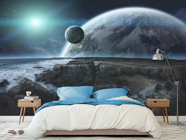 Non-Woven Wallpaper for Bed Wall in Bedroom Design Cosmic Planets 3D Mural