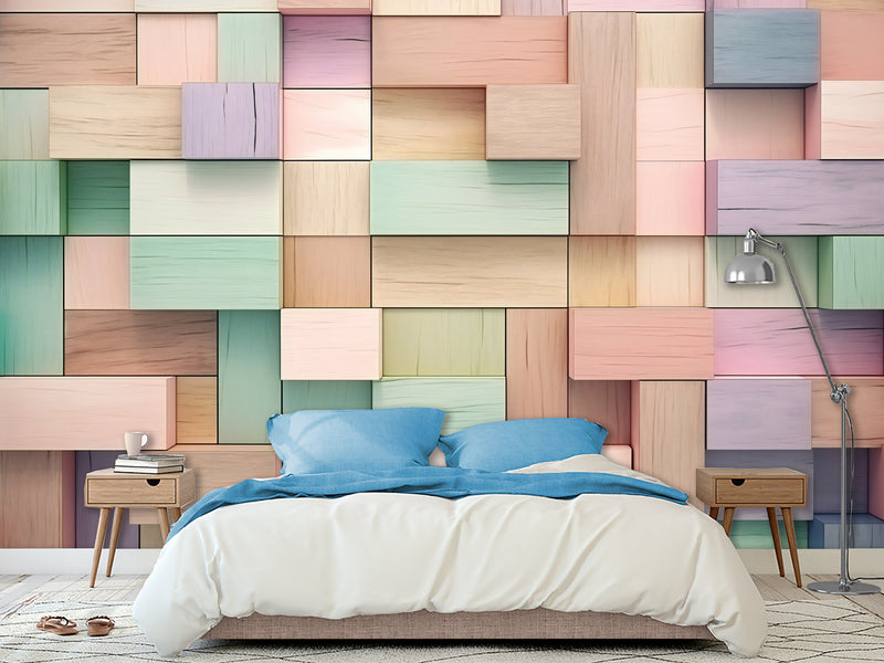 Calm Tone Wallpapers – Non-Woven Wall Murals, 3D Abstract Wallpaper "Colorful Wooden Cubes", Decor for Bedroom, Living Room, Kids' Room
