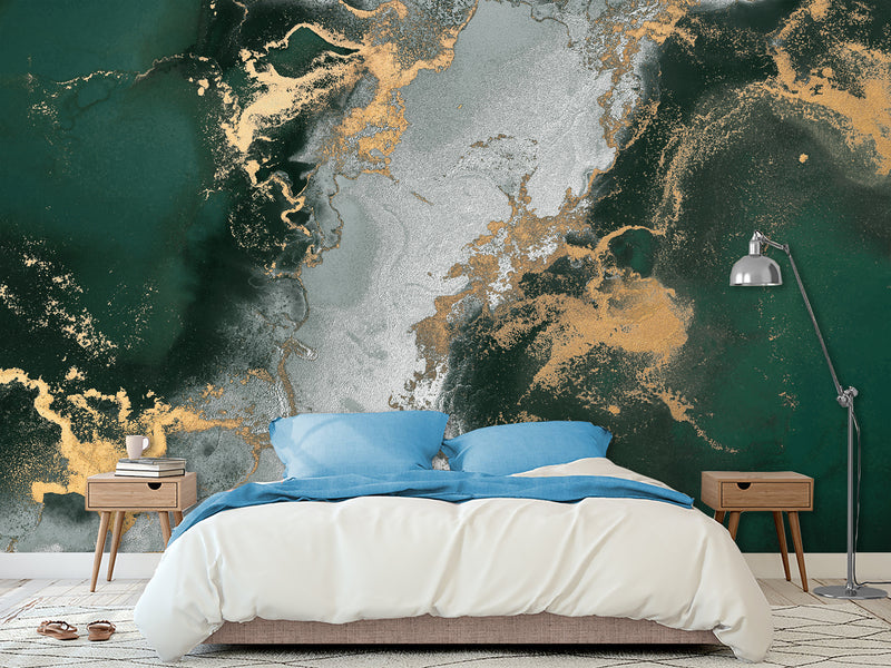 Art Print Accent Wall Self-Adhesive Wallpaper "Gray-Green Abstract Marble" – Decor for Bedroom, Living Room, Office