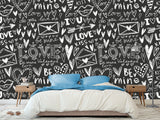 Black And White Graffiti Vinyl Wallpaper Peel and Stick For Room, Creative Space "Letters Of Love" ✉️