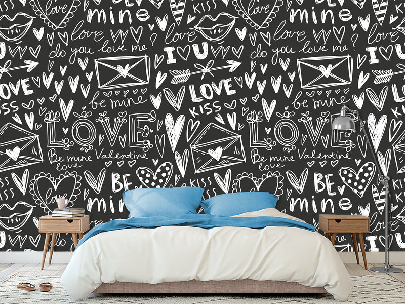 Black And White Graffiti Vinyl Wallpaper Peel and Stick For Room, Creative Space "Letters Of Love" ✉️
